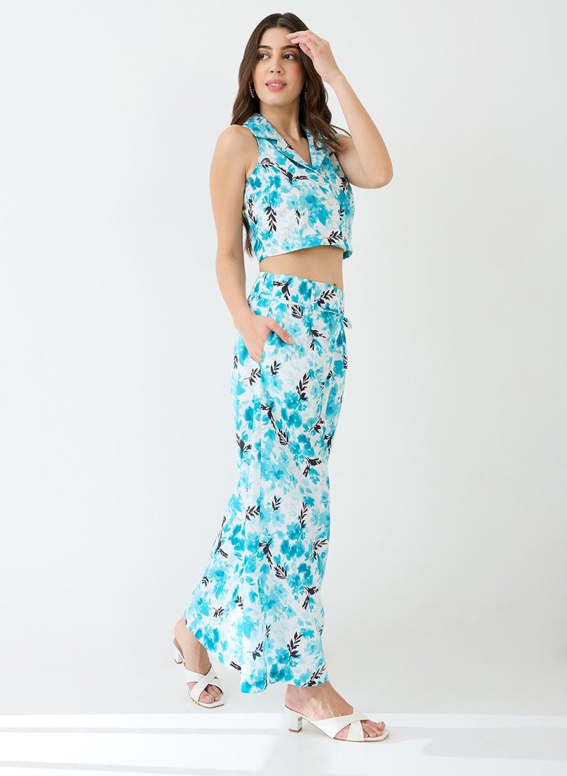 Globus Women Blue Notched Lapel Floral Print Crop Shirt & Wide Leg Trousers Party Co-Ord Set - Image 3